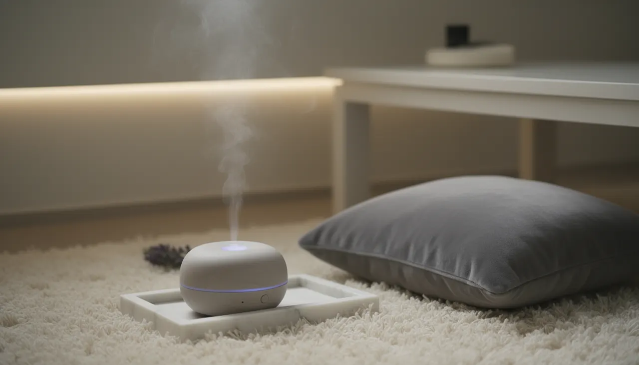 Ambiance parfumée et textile pour cocooning Diffuseur d'huiles essentielles, coussin velours gris, tapis poils longs