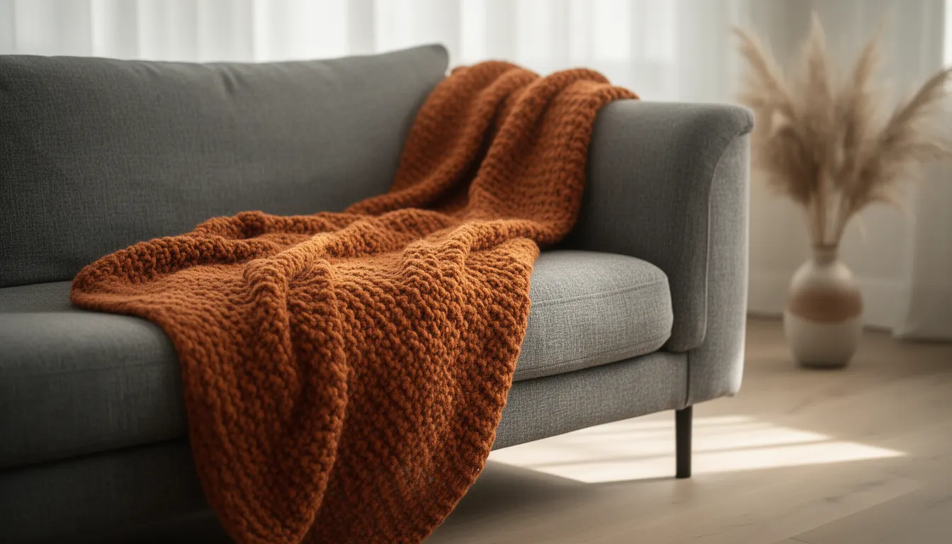 Canapé gris texturé décoré d'un plaid ocre en grosse maille et de coussins assortis, lumière naturelle latérale