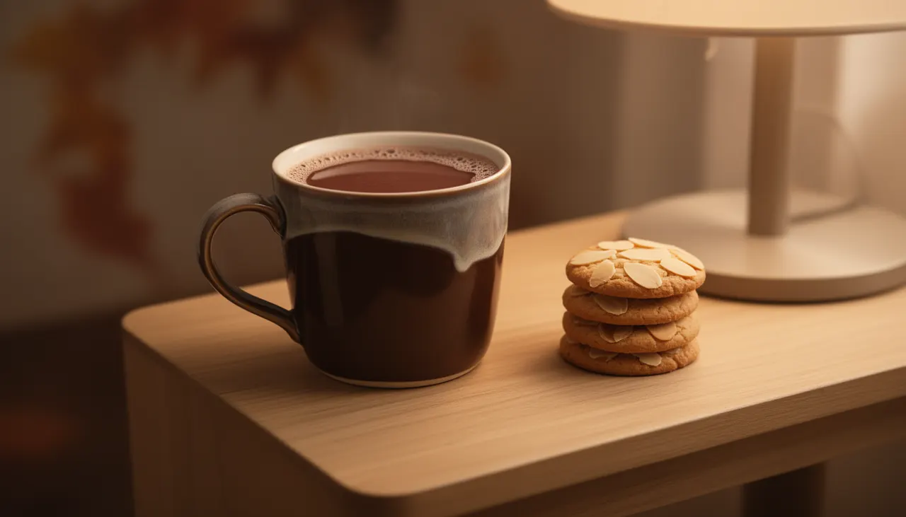 Boisson chaude pour soirée cocooning Tasse de chocolat chaud et biscuits amandes sur table en bois