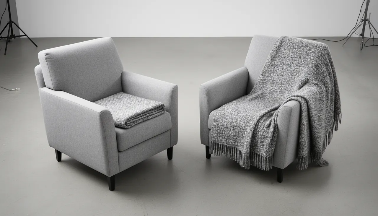 Comparatif visuel tailles plaid 130x170 et 150x200 sur fauteuils différents