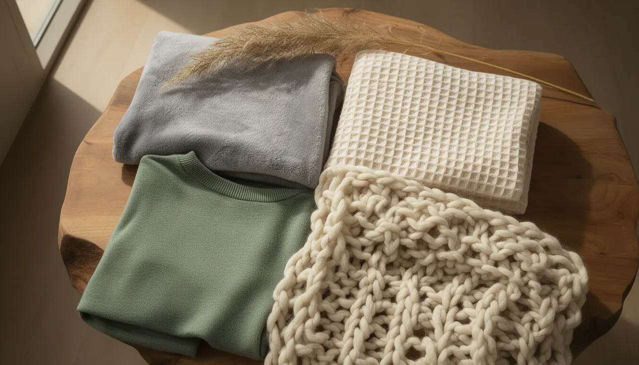 Comparatif visuel matières respirantes Éventail de matières plaids côte à côte : polaire microfibre, coton nid d'abeille, laine mérinos, grosse maille laine