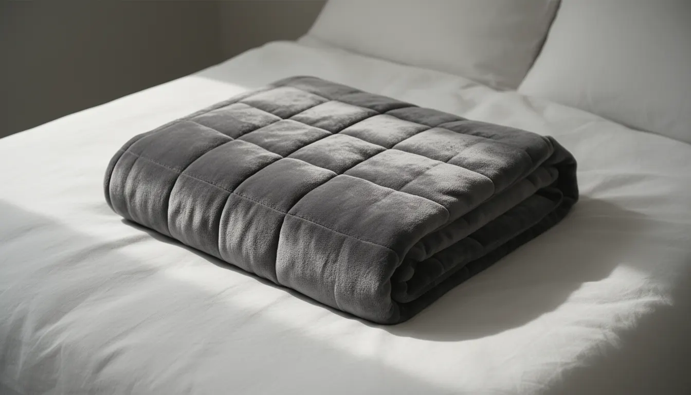 Couverture pondérée grise texturée pliée sur un lit en lin blanc, lumière naturelle douce