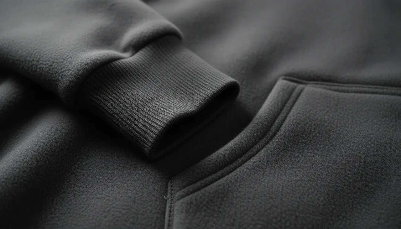 Gros plan sur la texture polaire d'un sweat plaid avec manche et poche kangourou