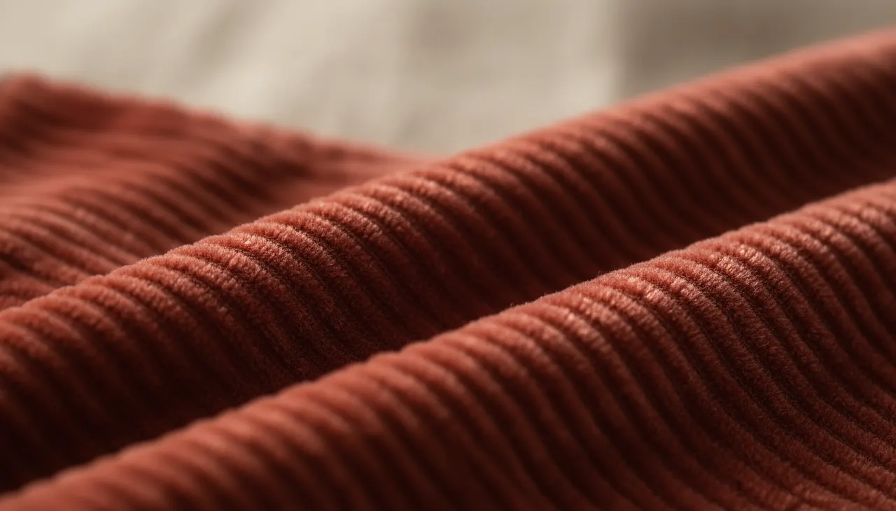 Gros plan texture velours côtelé montrant les côtes régulières et la brillance changeante selon la lumière