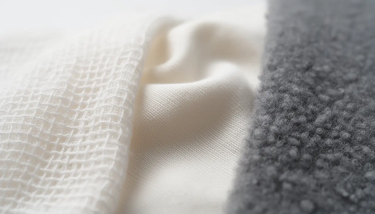 Détail textures matières plaid bébé Gros plan texture gaze de coton, coton bio et polaire côte à côte
