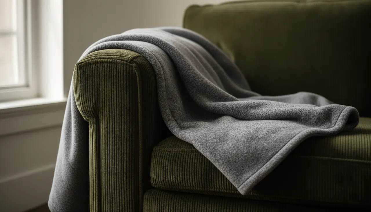 Plaid polaire gris chiné drapé négligemment sur accoudoir canapé velours côtelé kaki