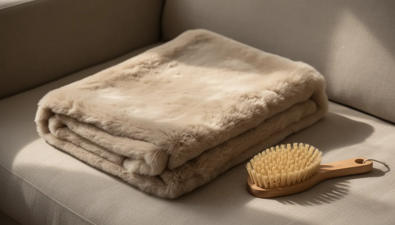 Plaid en fausse fourrure beige doux plié sur un canapé lin avec brosse entretien à côté