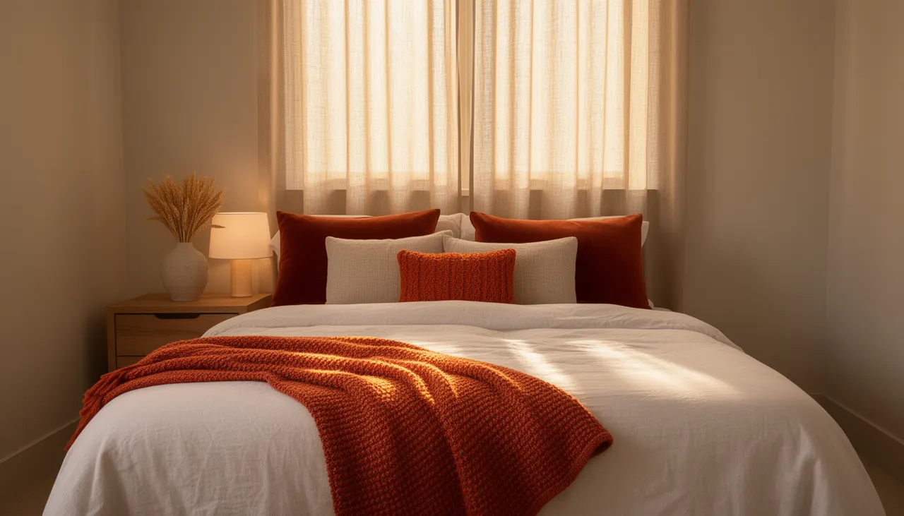 Exemple d'harmonie camaïeu terre Palette couleurs chambre : plaid terracotta, coussins ocre, lin blanc, rideaux lin naturel