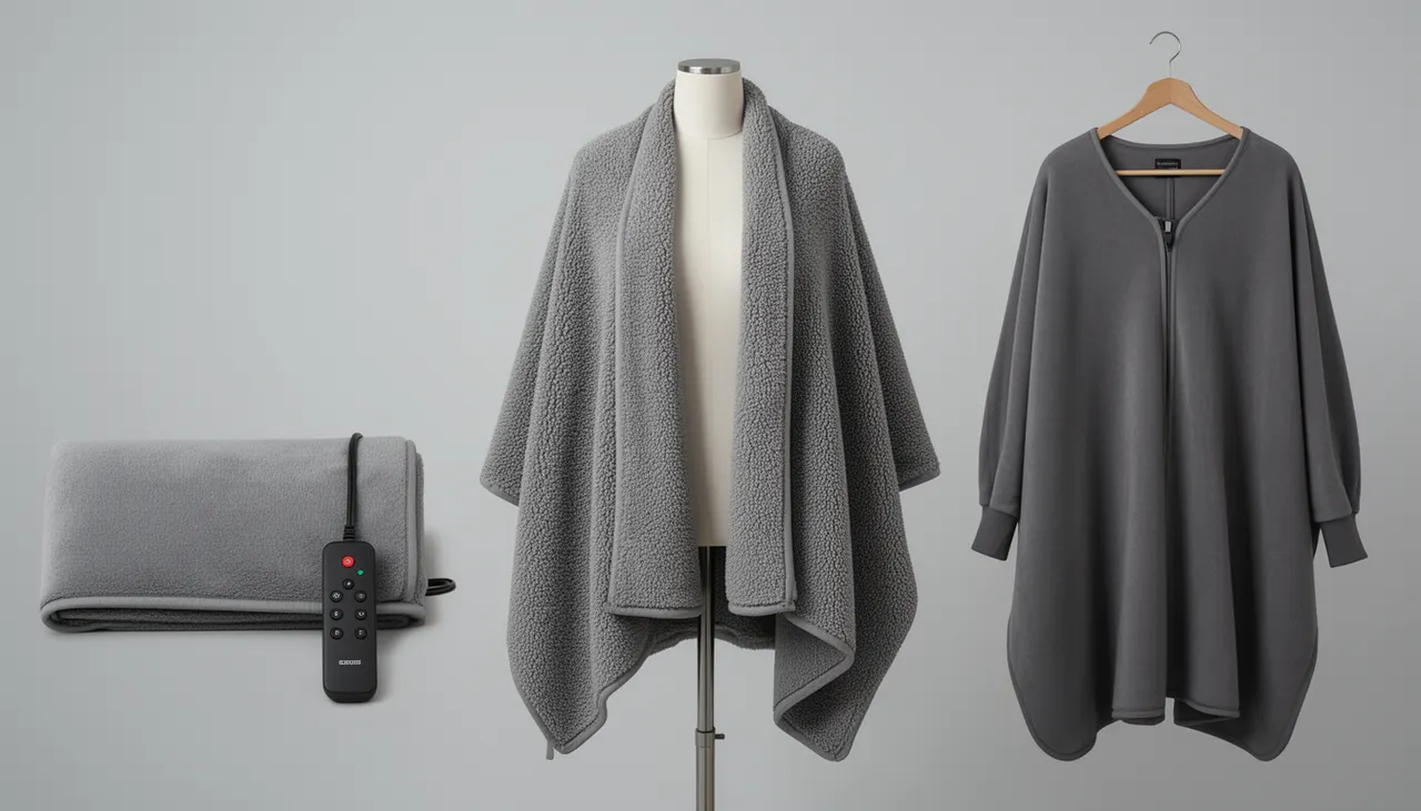 Différents formats de plaids chauffants : format simple, double et poncho avec manches