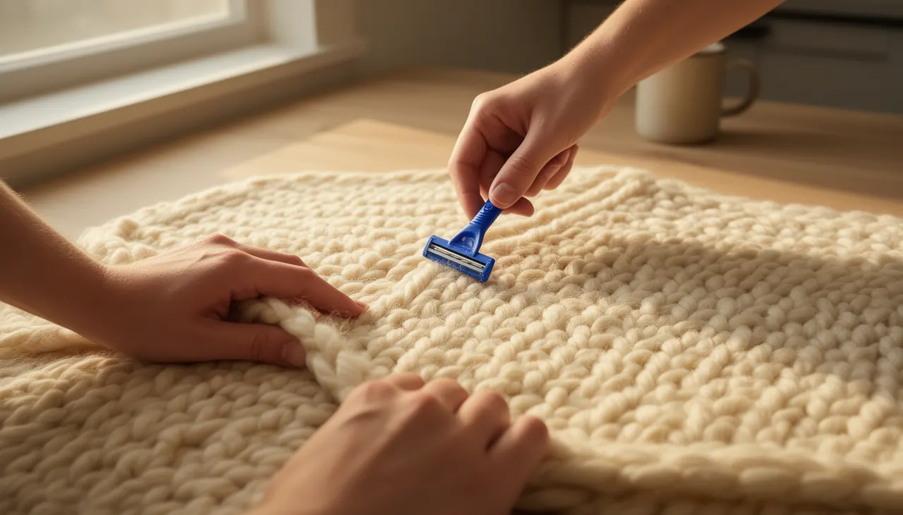 Mains tenant plaid tendu sur table bois clair, rasoir jetable rasant surface dans sens maille