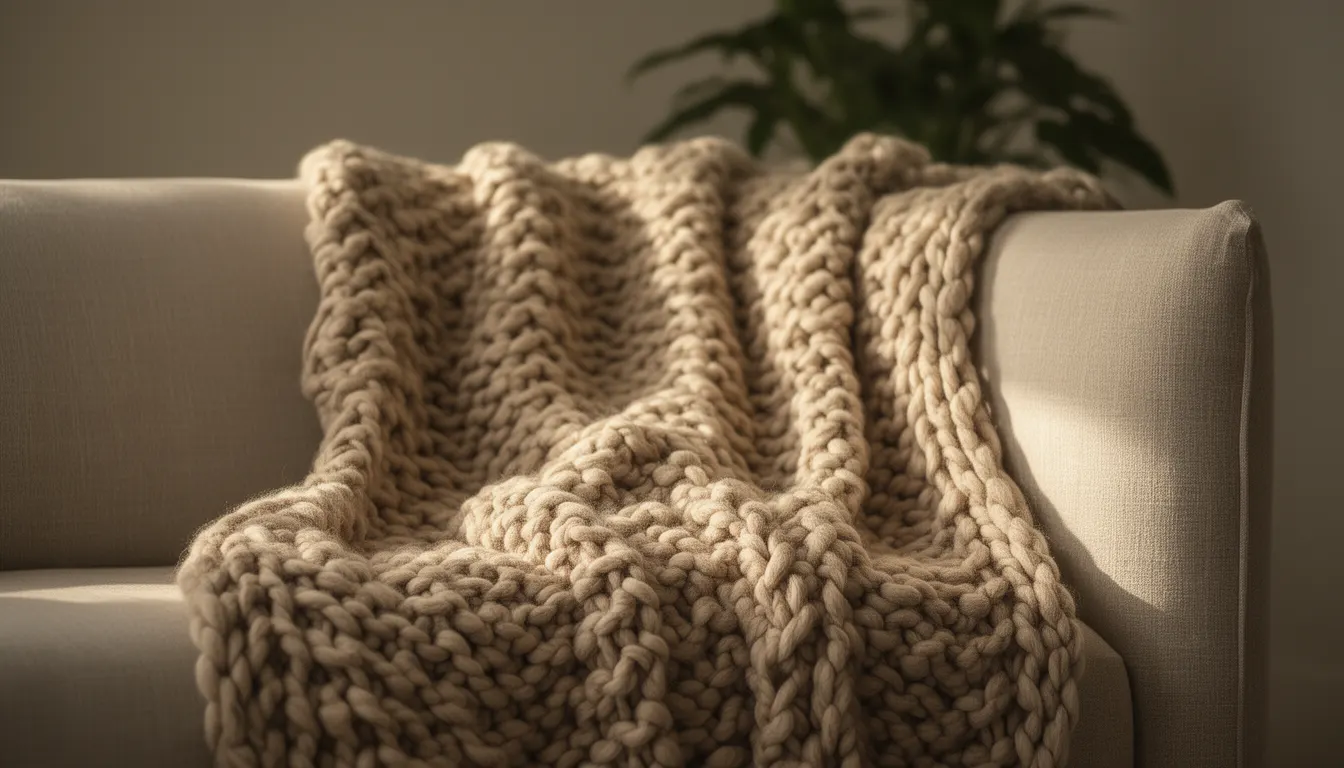 Plaid en grosse maille beige disposé en angle cocooning sur un canapé lin naturel, lumière douce matin