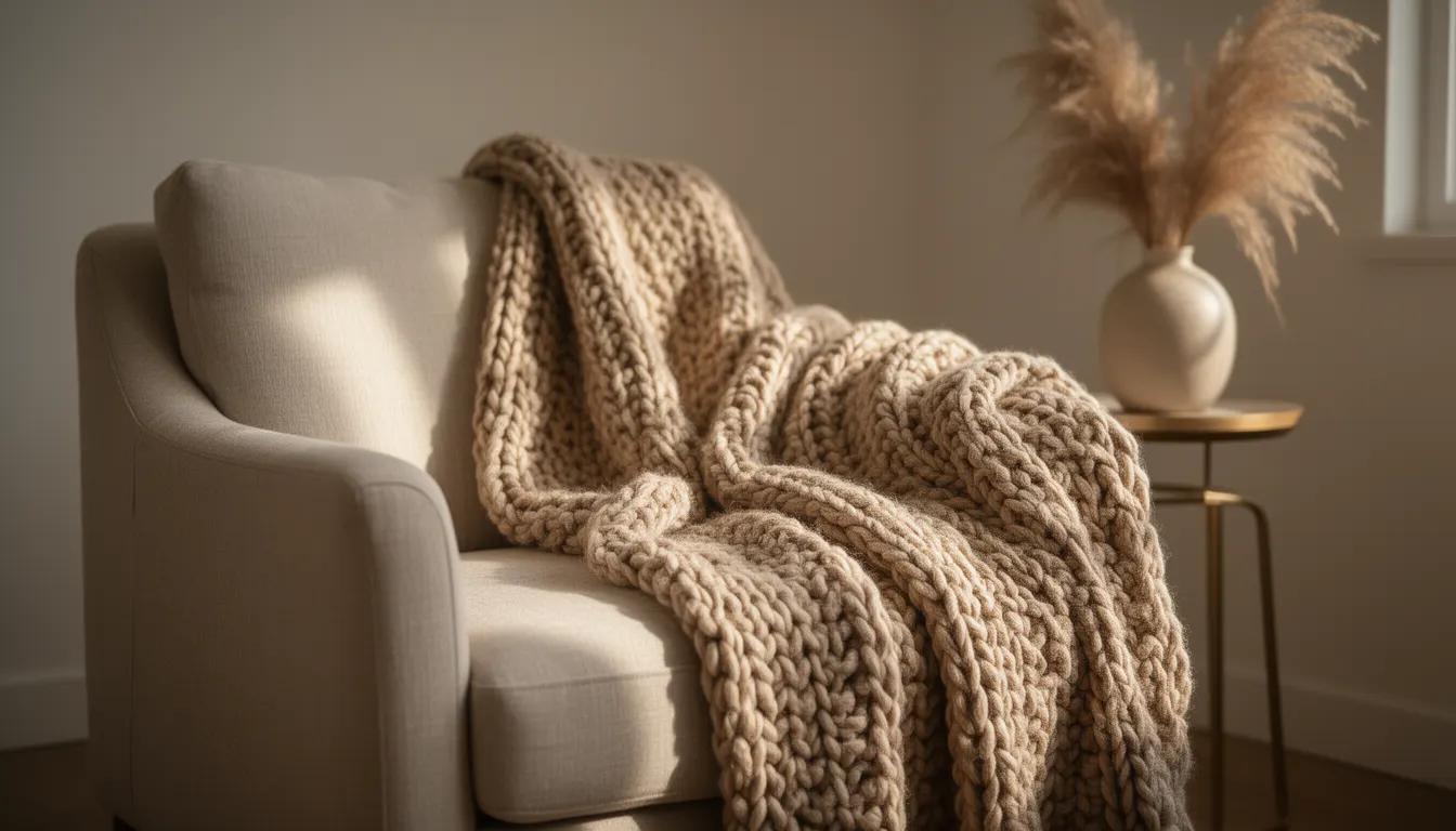 Plaid bout de canapé en grosse maille beige drapé sur un fauteuil en lin clair