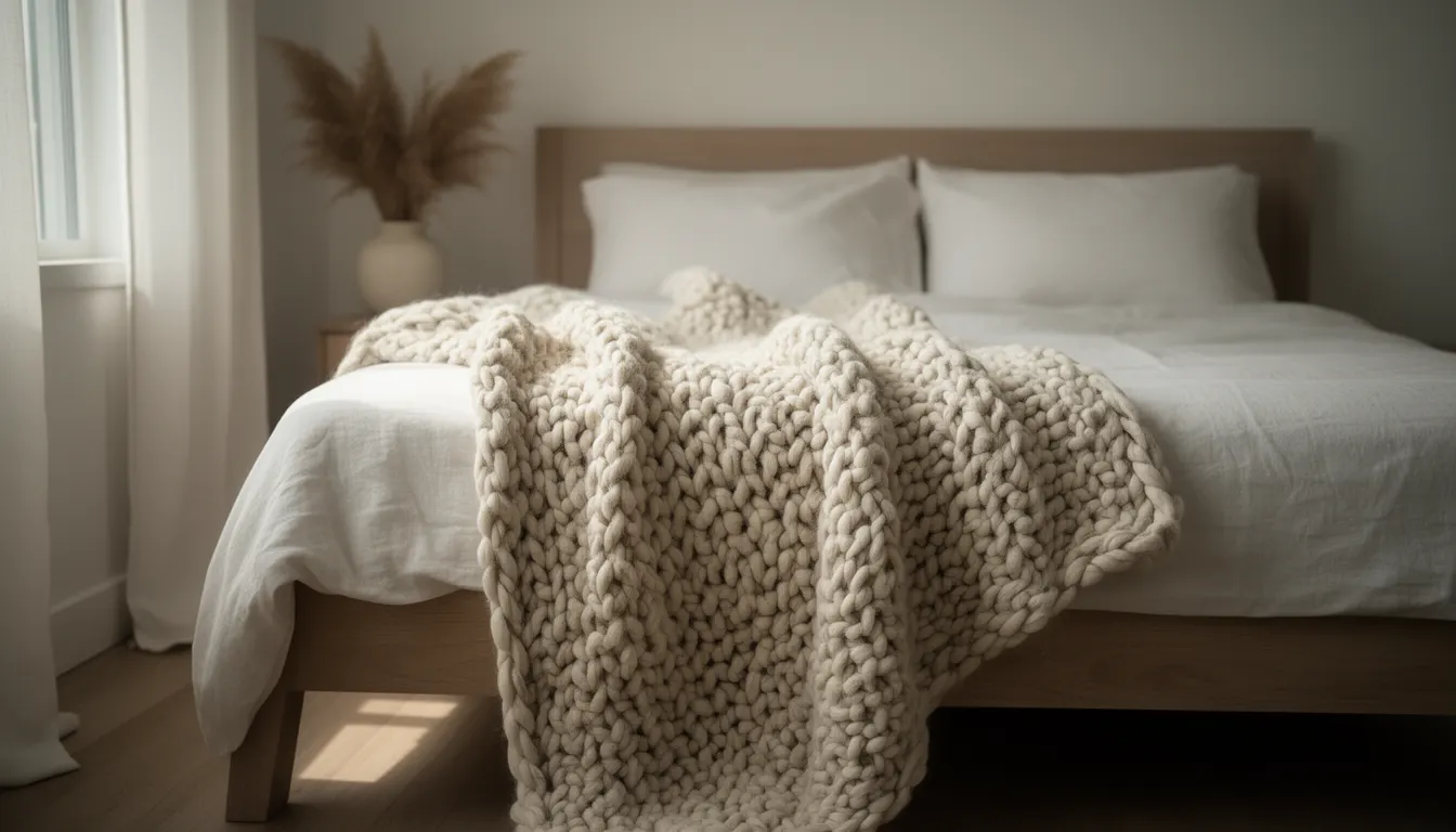 Plaid en maille grosse posé en drapé asymétrique au pied d'un lit lin lavé, chambre lumineuse