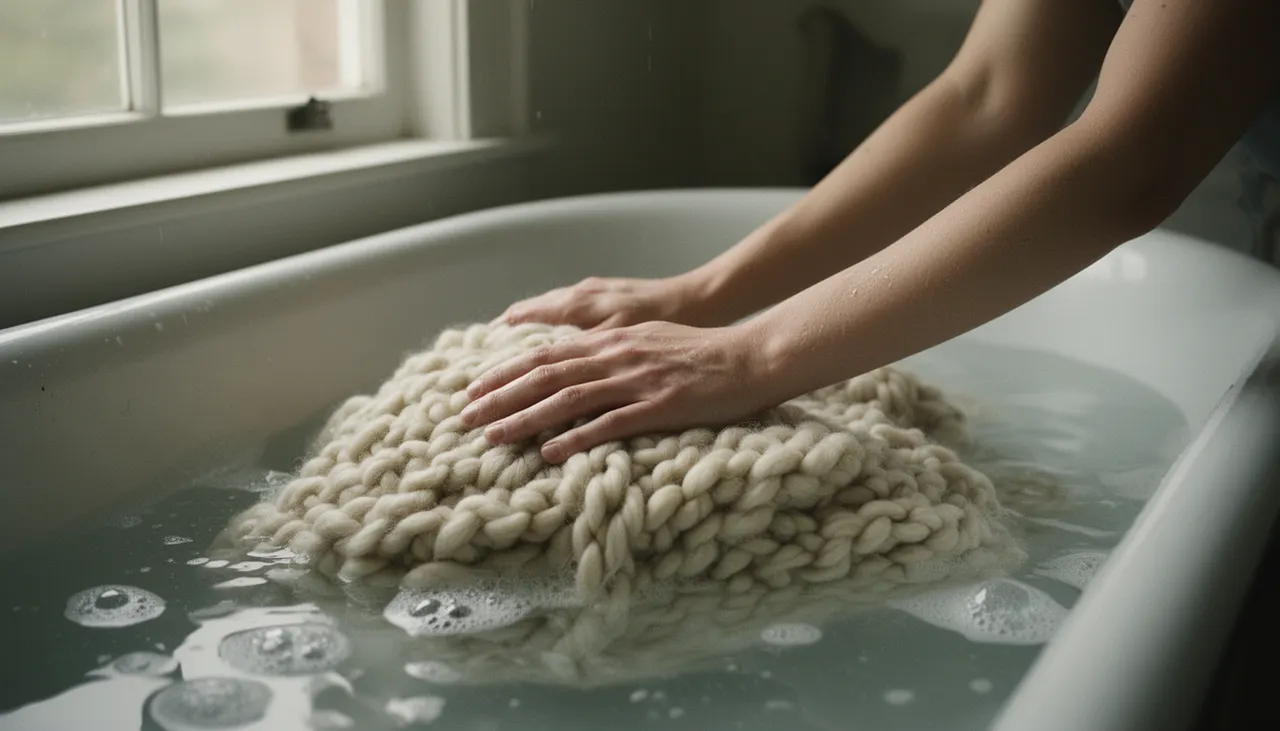 Lavage main plaid grosse maille bassine eau savonneuse mains pressent délicatement