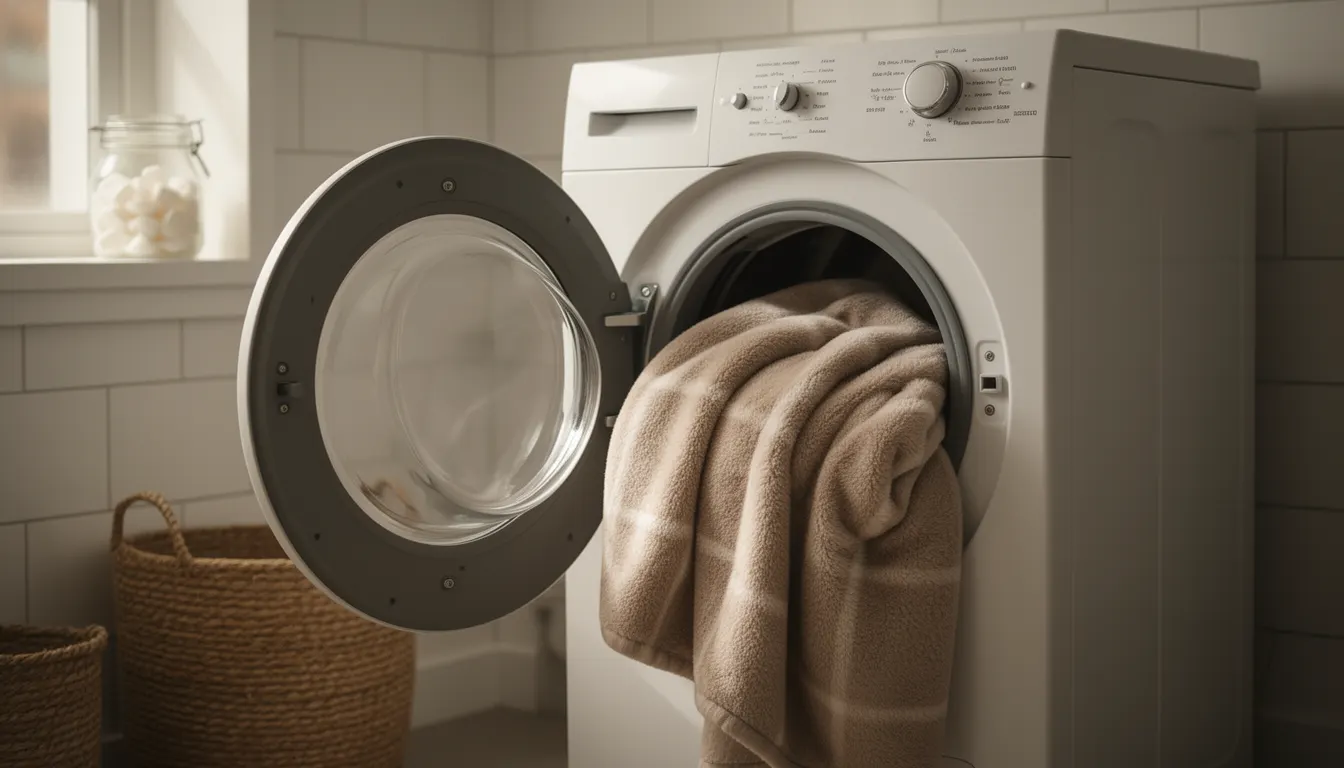 Plaid polaire plié près d'une machine à laver ouverte, lumière naturelle douce