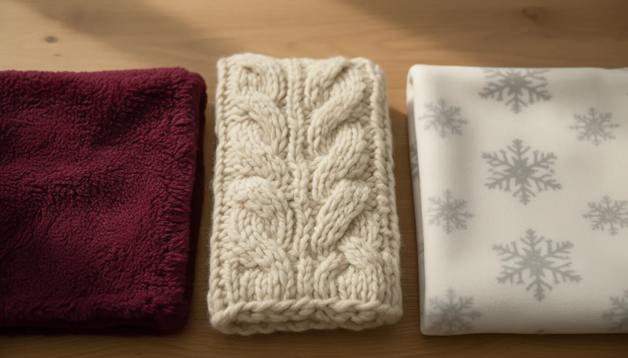 Matières : polaire, maille, personnalisé Gros plan comparatif textures plaid polaire, grosse maille et personnalisé pour Noël