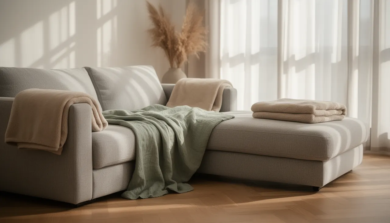 Mise en scène canapé jeté plaids Canapé d'angle gris clair avec grand jeté lin sage retombant au sol et deux plaids polaire oatmeal pliés sur accoudoirs