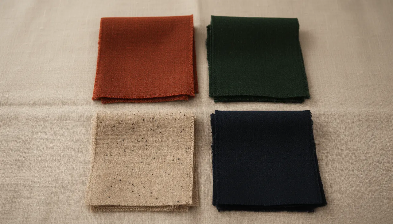 Palette couleurs plaids hiver 2024 Nuancier tendances plaids hiver : terracotta, vert sapin, beige chiné, bleu nuit