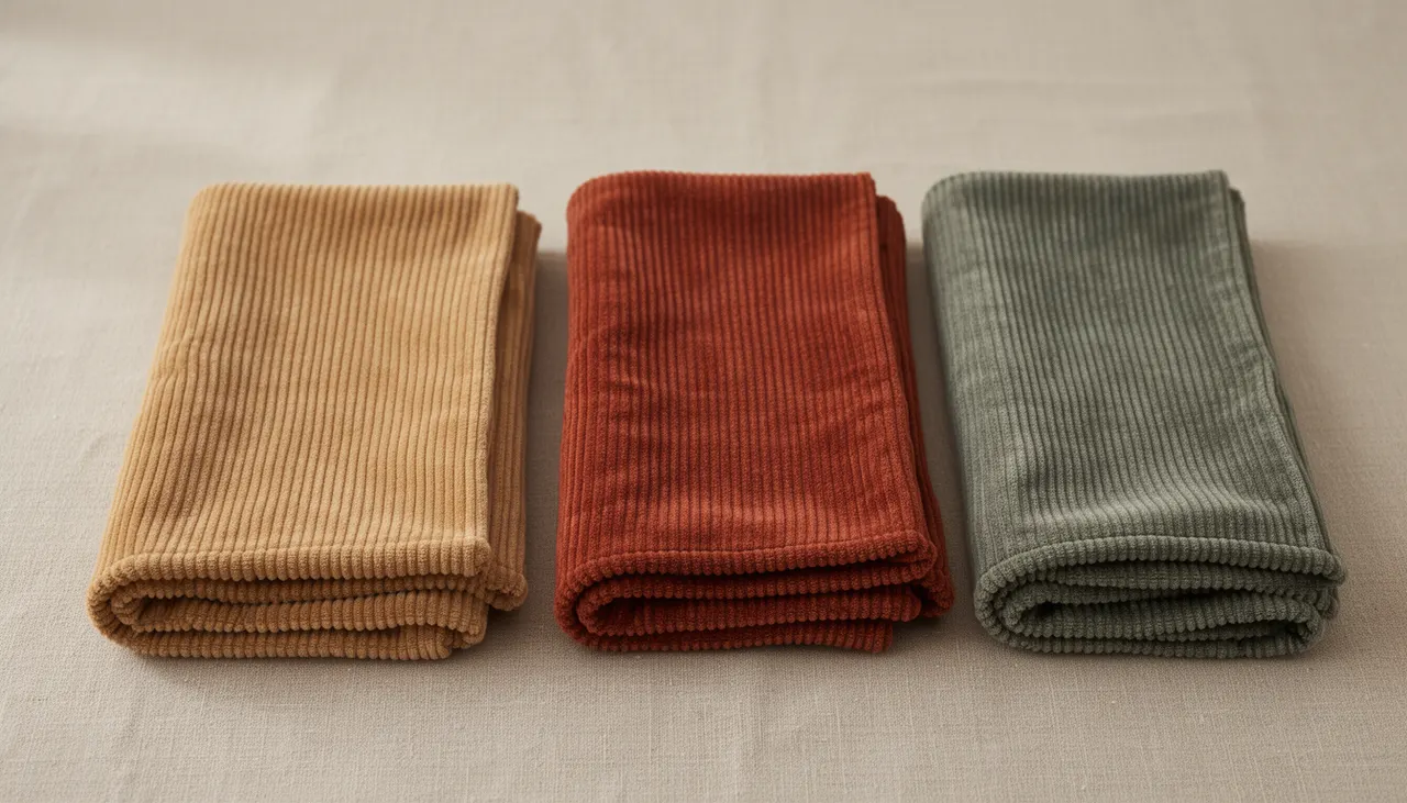 Nuancier de plaids velours côtelé dans les tons sable, terracotta, vert sauge et gris silex posés sur fond lin