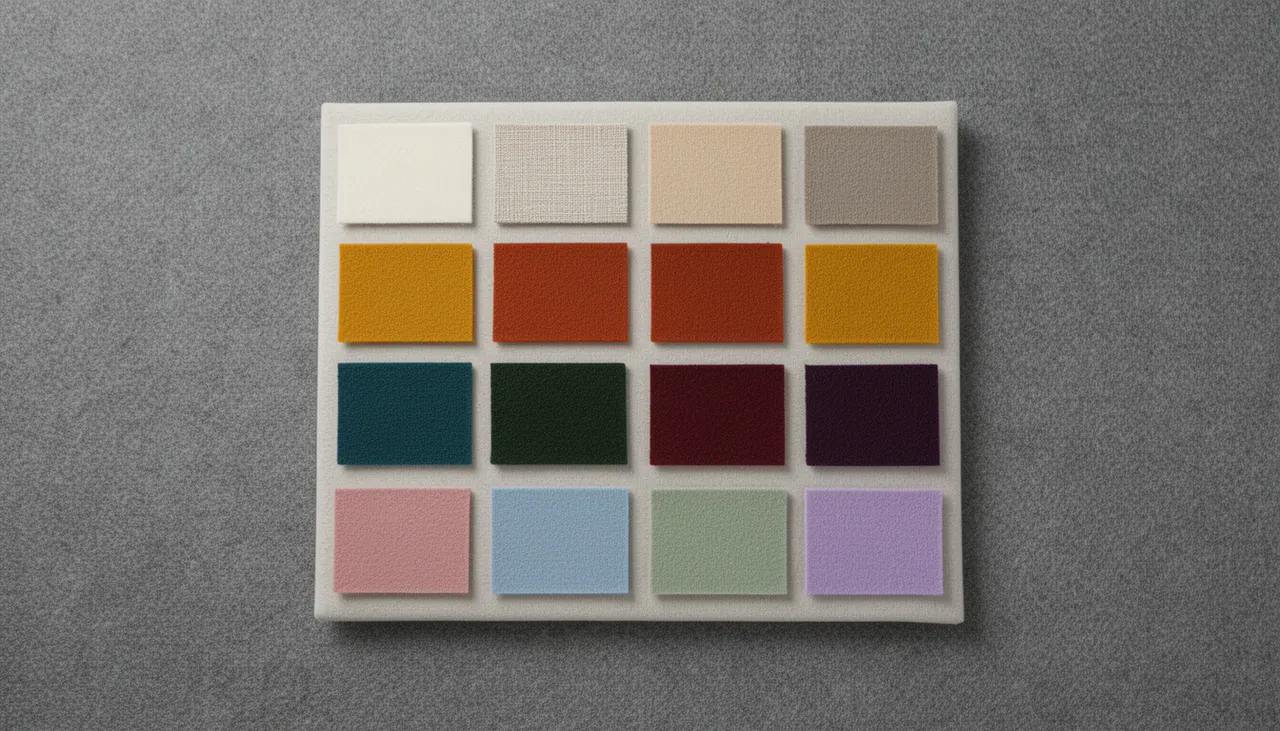 Palettes couleurs plaid canapé gris Nuancier de 12 couleurs de plaids disposés sur tissu gris : neutres, chauds, profonds, pastels