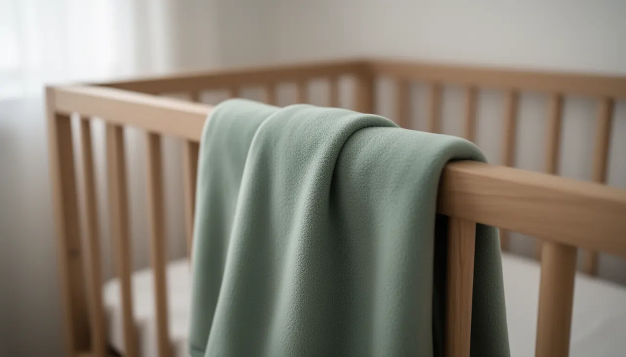 Plaid bébé hypoallergénique Plaid bébé polaire certifié Oeko-Tex sur berceau en bois clair