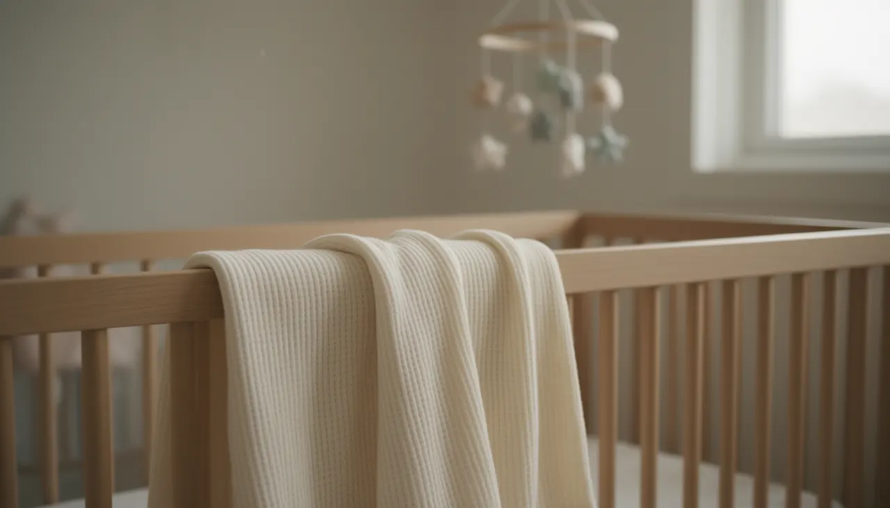Plaid coton bio chambre bébé Plaid bébé coton bio blanc cassé posé sur berceau en bois clair