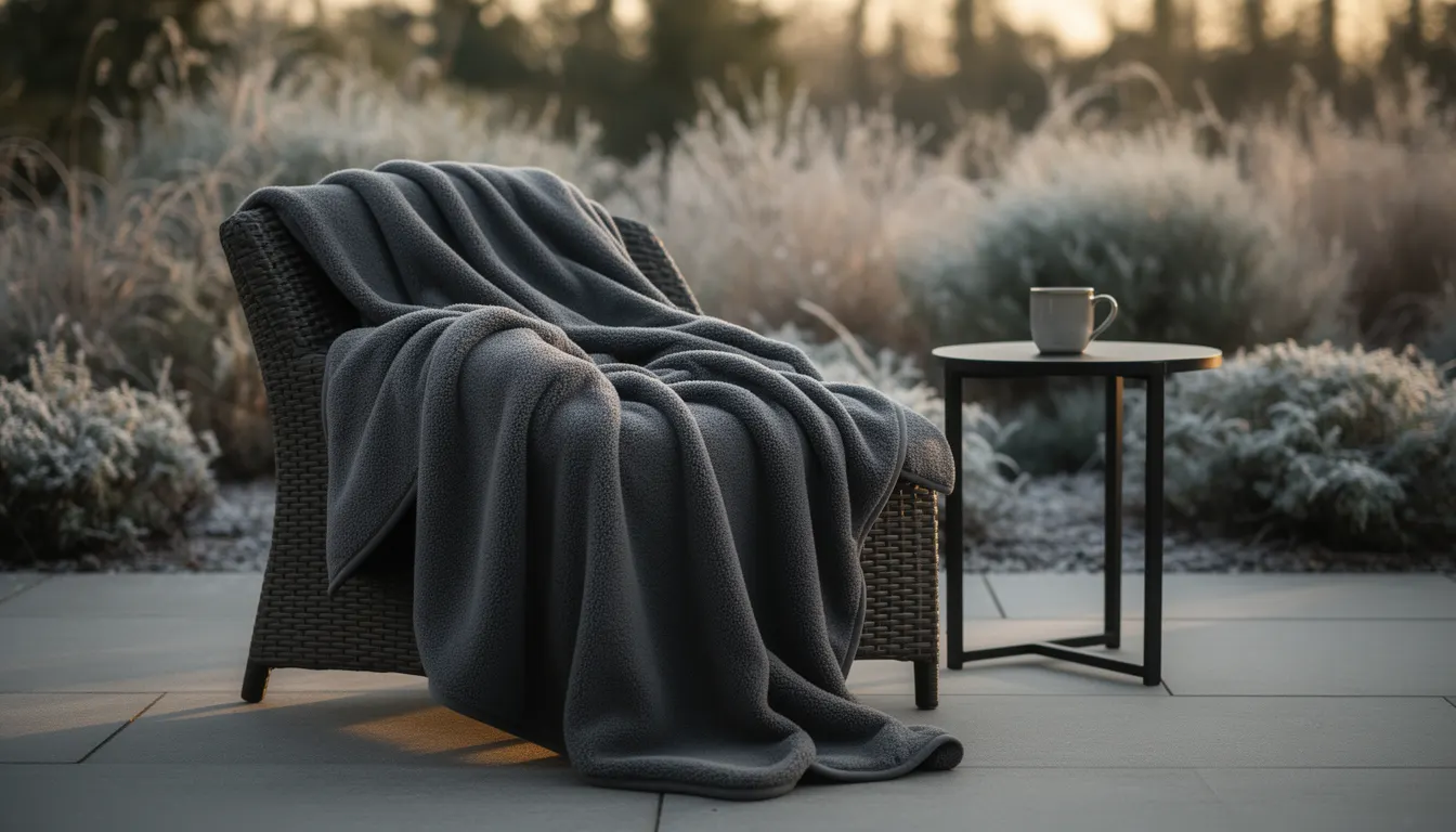 Plaid polaire anthracite posé sur un fauteuil de terrasse en hiver avec vue sur jardin enneigé