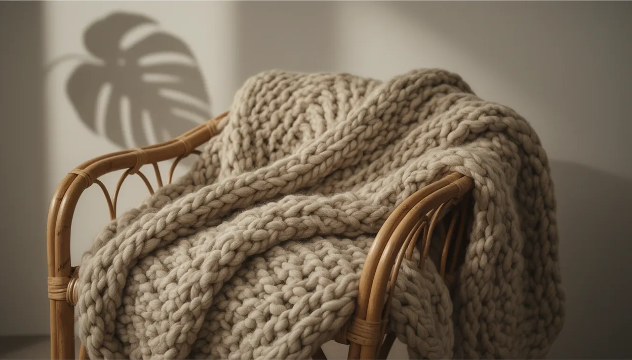 Plaid grosse maille beige posé en pli sur fauteuil en rotin, texture visible, lumière naturelle douce