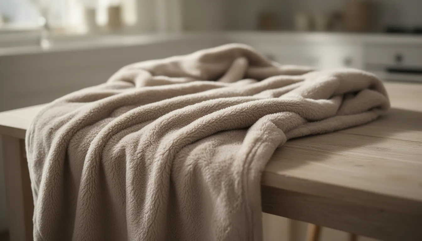 Plaid polaire moelleux sortant de la machine à laver, posé sur une table en bois clair