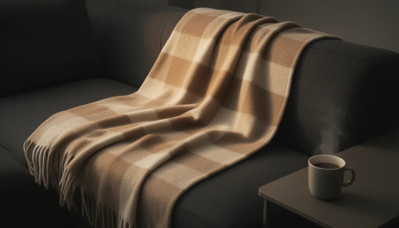 Plaid polaire pour soirée cocooning Plaid polaire beige sur canapé gris clair, lumière tamisée