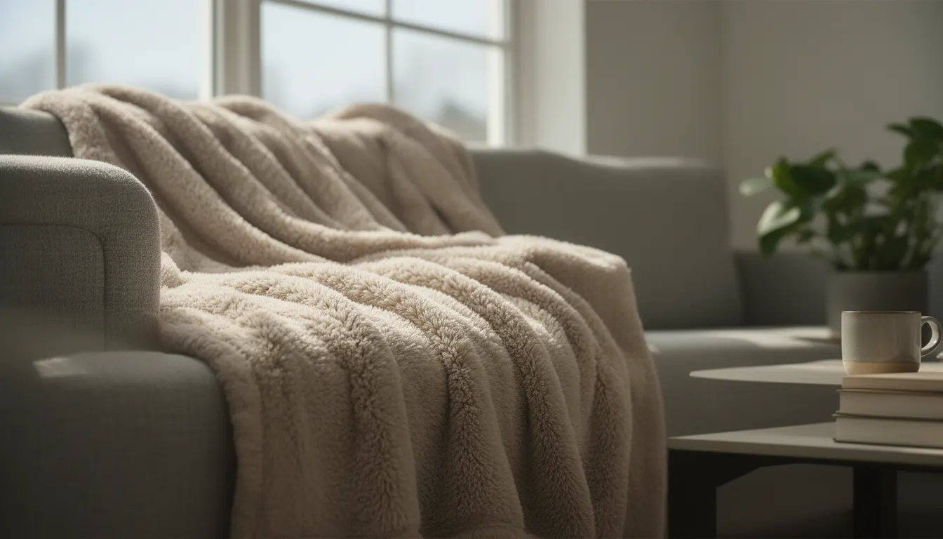 Plaid polaire doux posé sur un canapé gris clair dans un salon lumineux, ambiance cocooning pour baisser le chauffage