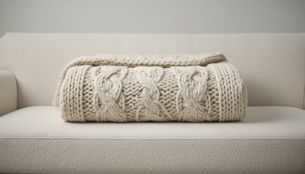 Plaid grosse maille crème plié en rectangle net sur assise canapé design tissu bouclette blanc cassé