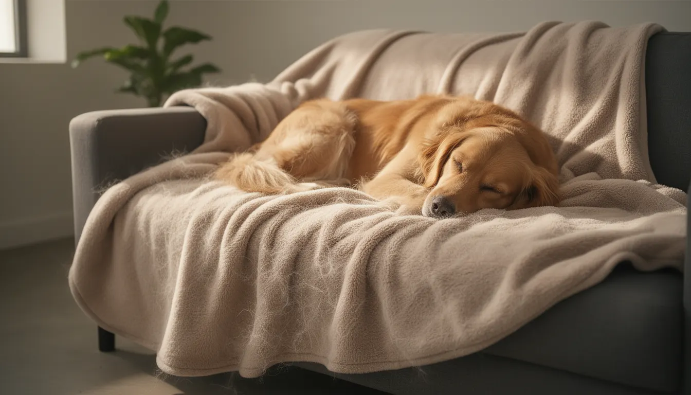 Golden retriever endormi sur un canapé gris protégé par un plaid polaire beige épais