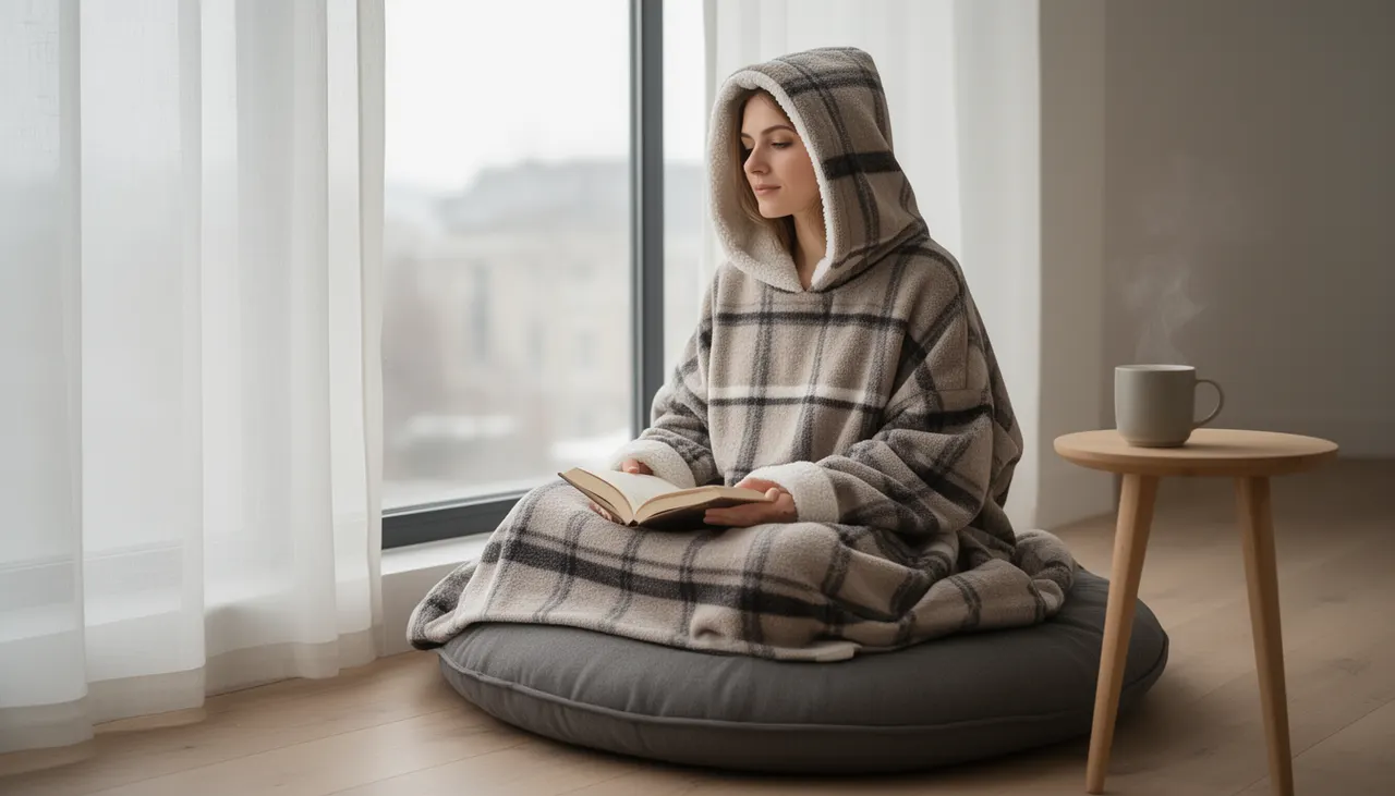 Pull plaid en situation cocooning Pull plaid porté par une femme lisant un livre près d'une fenêtre
