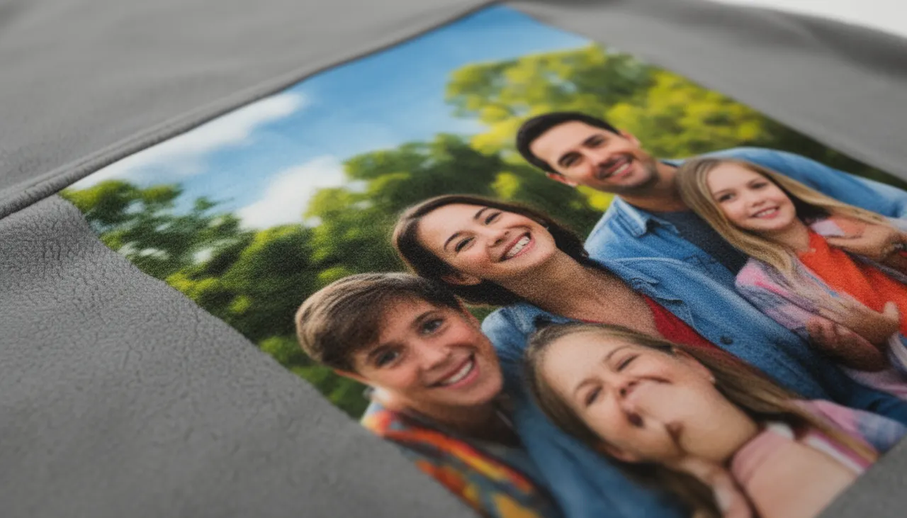 Qualité impression thermosublimation Détail impression thermosublimation photo famille sur plaid polaire