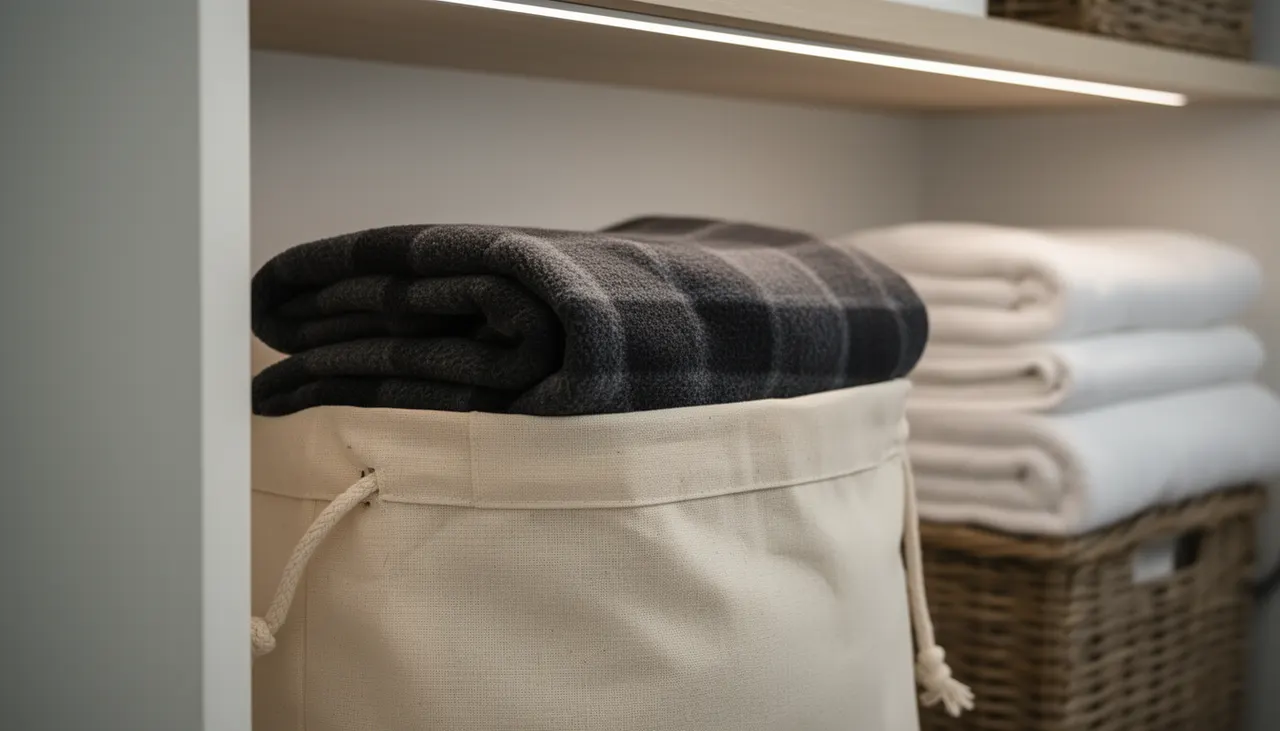 Rangement plaid extérieur Plaid polaire plié dans sac de rangement coton sur étagère buanderie