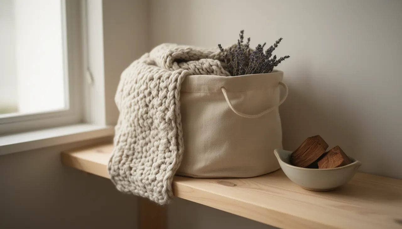 Rangement plaid grosse maille plié sac coton lavande cèdre étagère bois clair
