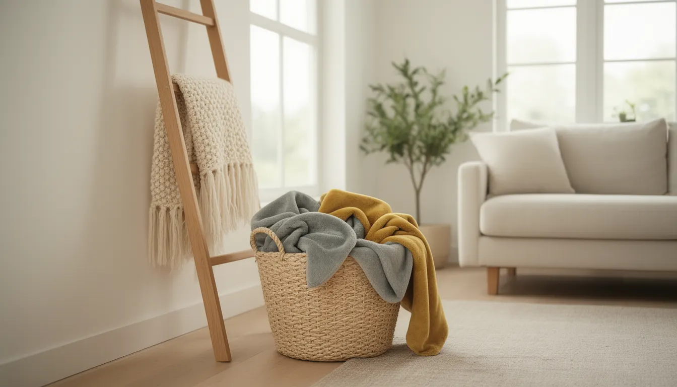 Salon cosy avec panier en osier, échelle en bois et plaids polaires pliés