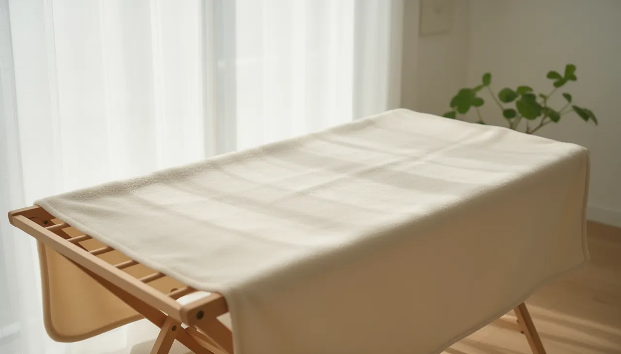 Séchage à plat naturel Plaid polaire étendu à plat sur un étendoir en bois près d'une fenêtre lumineuse