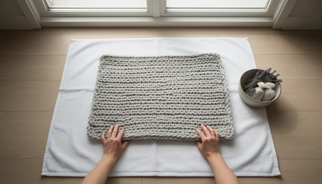 Plaid grosse maille séchage à plat sur serviette éponge reformé main lumière douce