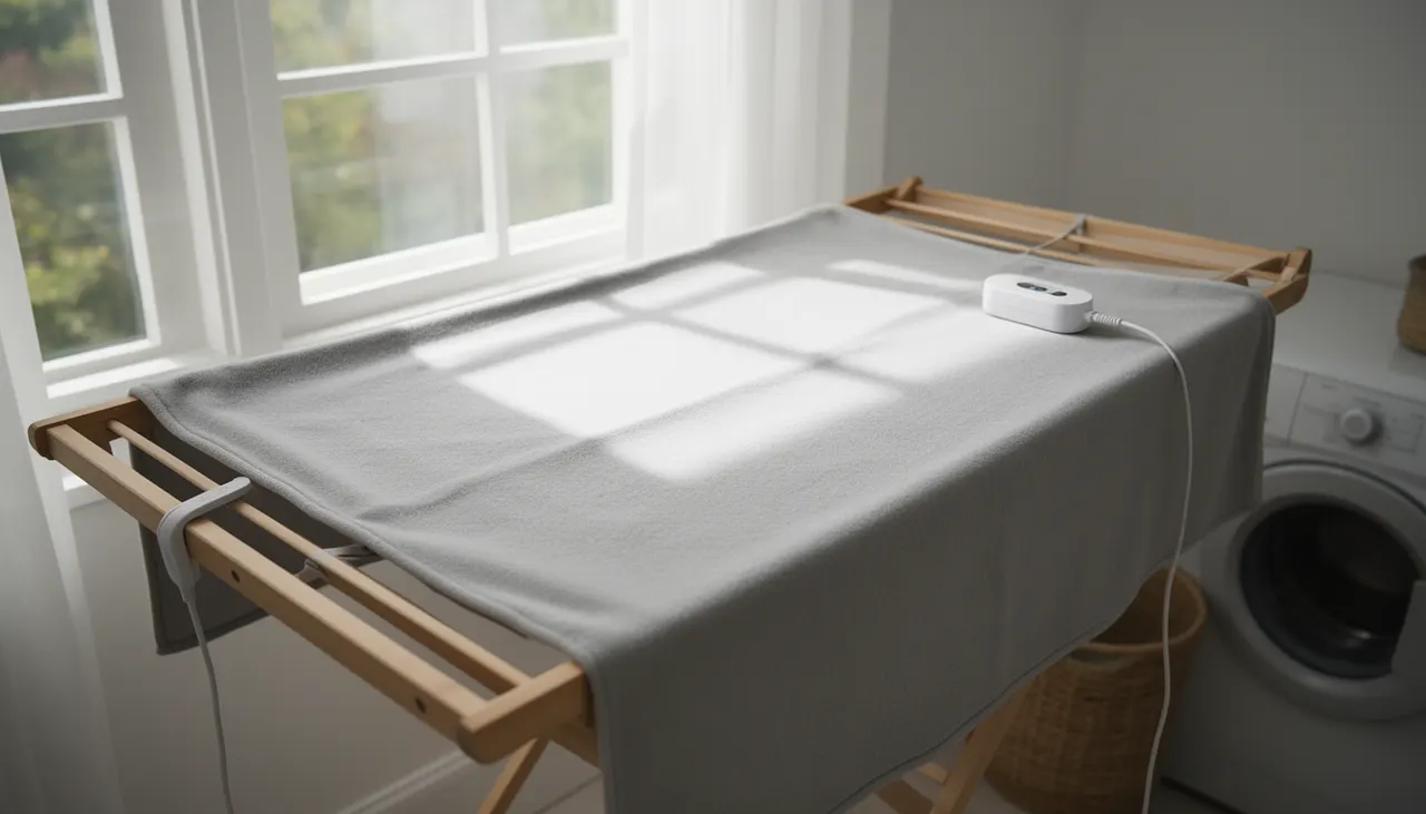 Plaid chauffant étendu à plat sur un étendoir pour séchage à l'air libre