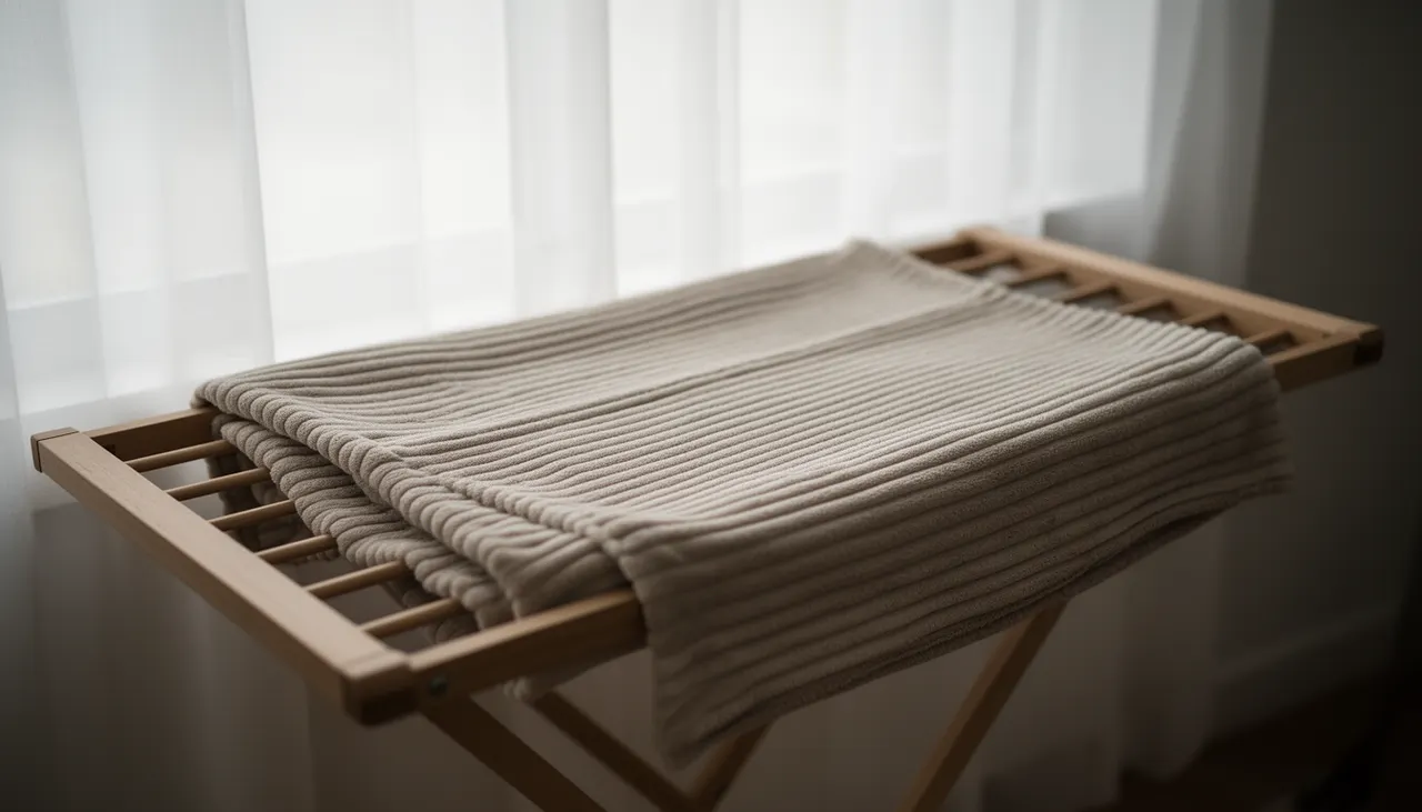 Plaid velours côtelé étendu à plat sur étendoir bois pour séchage naturel lumière douce