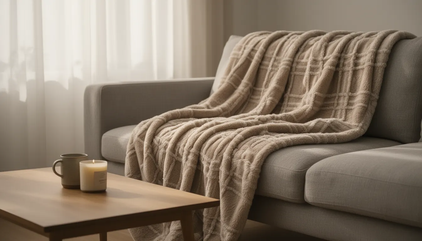 Plaid en polaire sable drapé sur un canapé lin clair, lumière matinale douce
