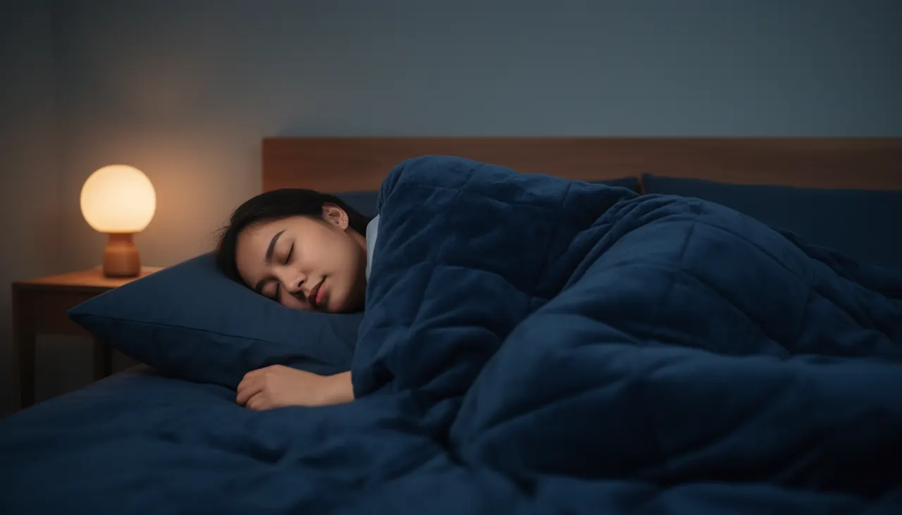 Personne dormant paisiblement sur le côté sous une couverture pondérée bleu nuit, chambre épurée