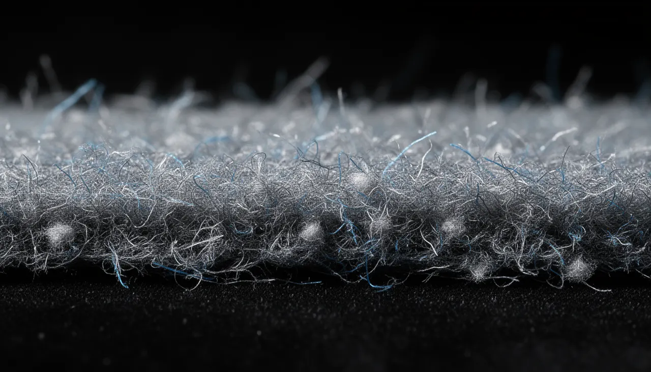 Gros plan macro sur maille polaire montrant fibres brisées et bouloches naissantes sous lumière latérale