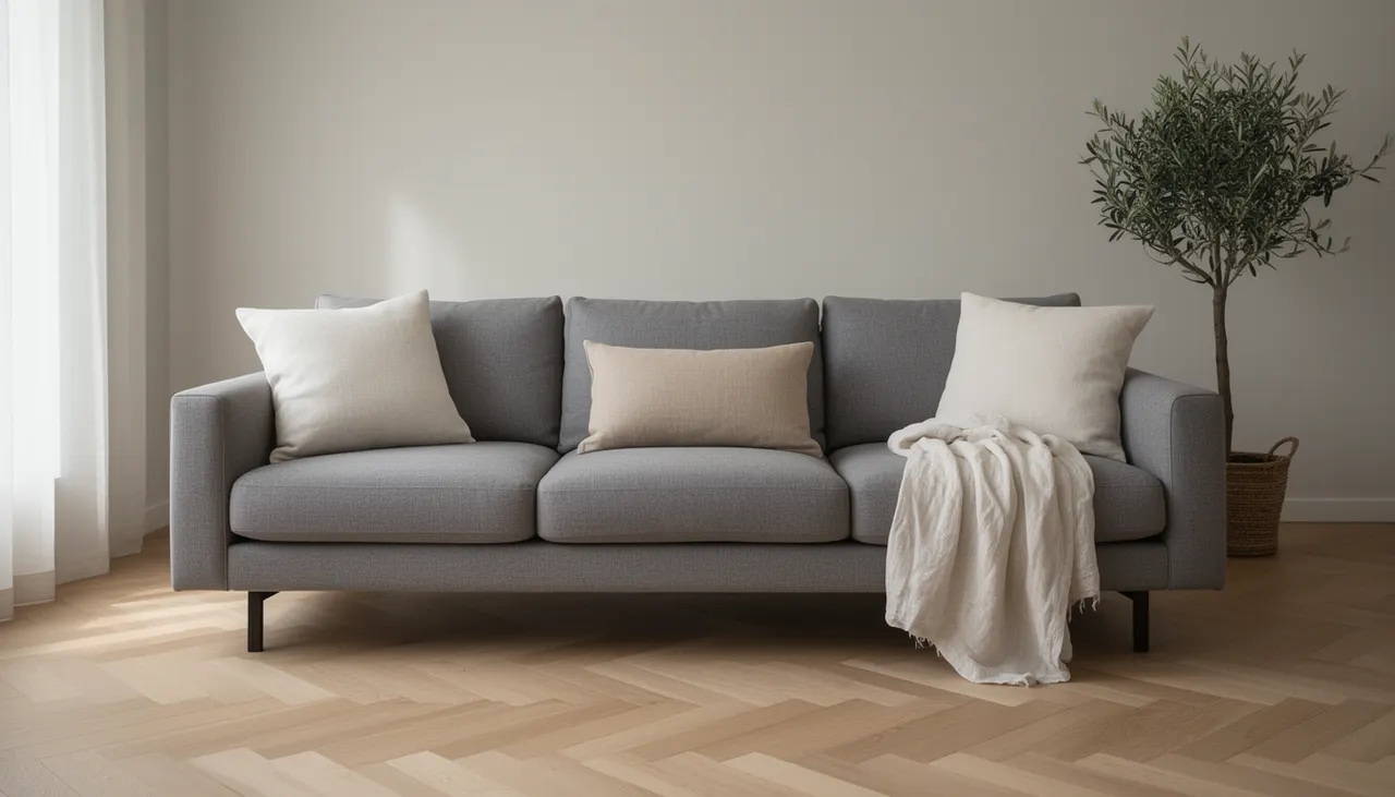 Styling canapé gris coussins plaid Canapé gris 3 places stylé avec 3 coussins neutres et plaid lin lavé replié sur accoudoir, déco épurée