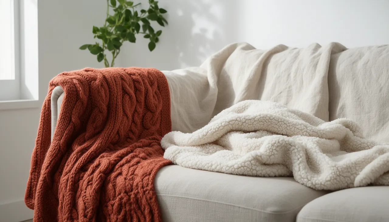 Superposition plaids déco hiver Styling canapé hiver avec superposition plaids trois textures : lin, grosse maille, sherpa