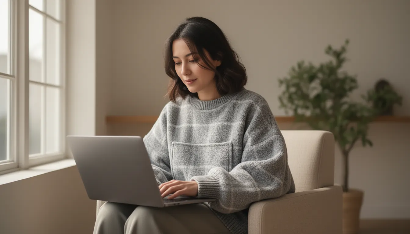 Femme en télétravail portant un sweat plaid polaire gris chiné, assise devant un ordinateur portable