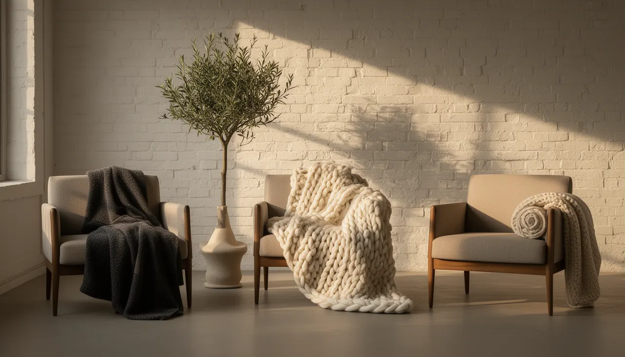 Trois techniques pliage plaid sur fauteuils : portefeuille, cascade, roulé