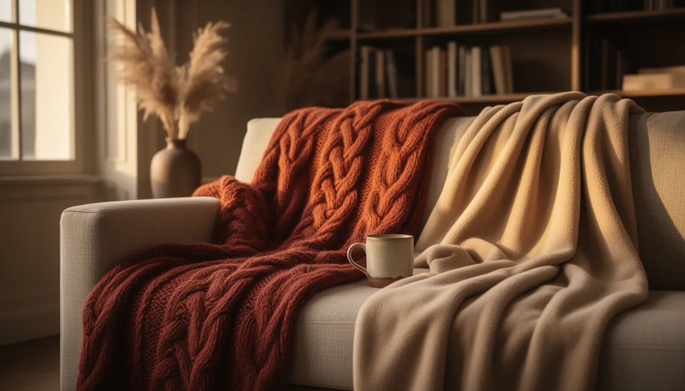 Salon cosy hiver avec plaids grosses mailles terracotta et polaire beige sur canapé lin